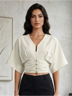 Commense Cotton & Linen Kimono Sleeve Button Top
